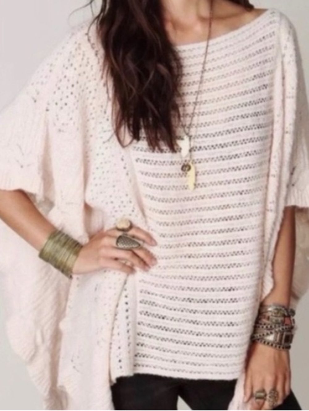 Free People Nymph Pointelle Poncho Sweater Oversized Pink Short Sleeves Wool